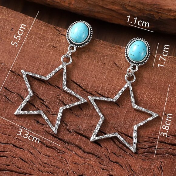NEW Texas Hammered Silver Lone Star and Turquoise Stone Drop Earrings - Picture 5 of 5